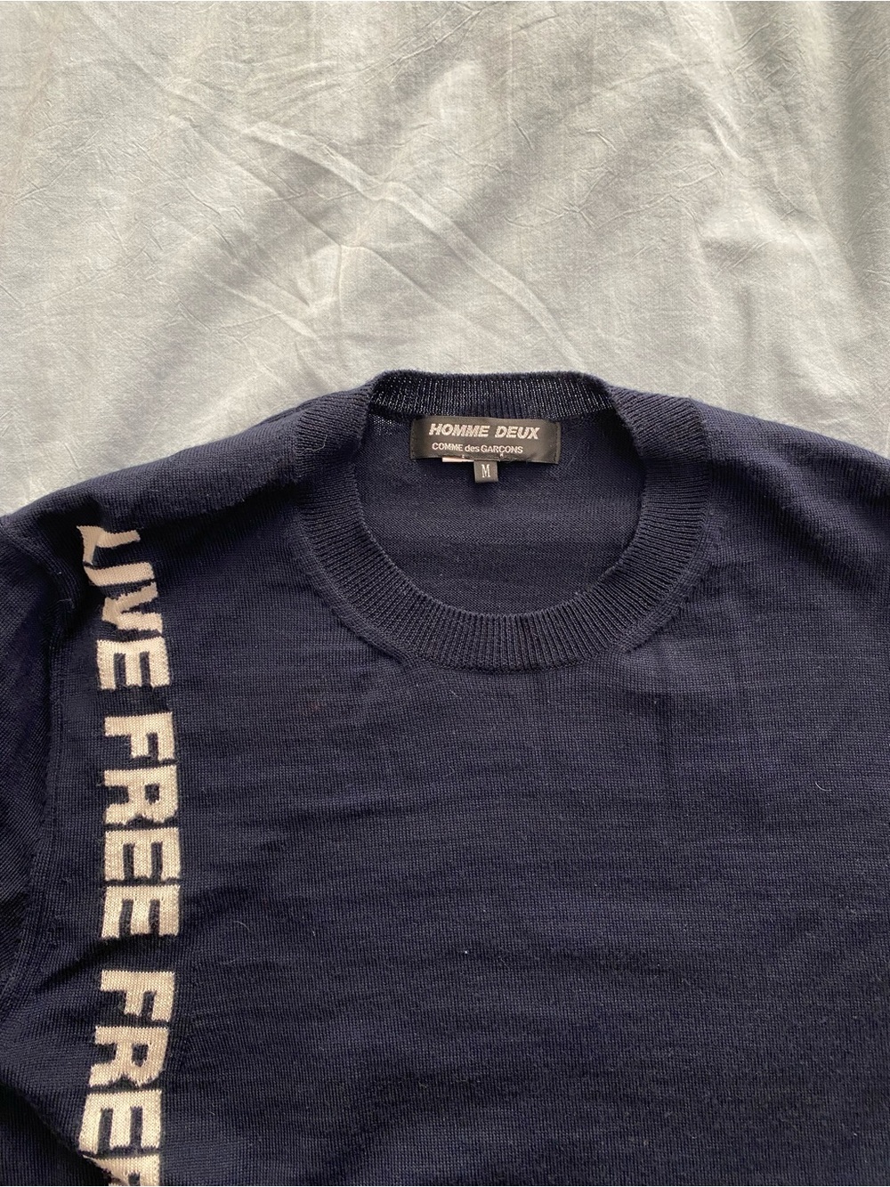 Comme des Garçons Homme Deux Navy Crewneck with White 'LIVE FREE' Text